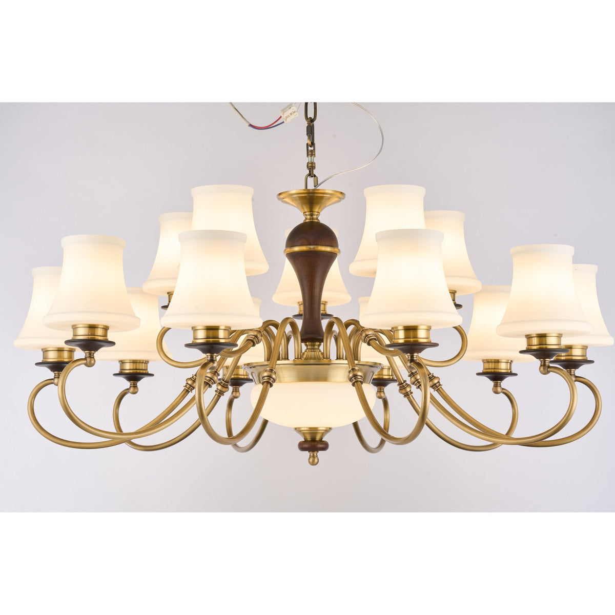 
Supplier real photograph of the Glenhaven eighteen-light two-tier chandelier complete lit front view