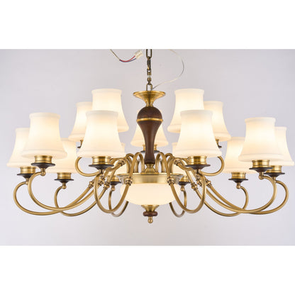 Supplier real photograph of the Glenhaven eighteen-light two-tier chandelier complete lit front view