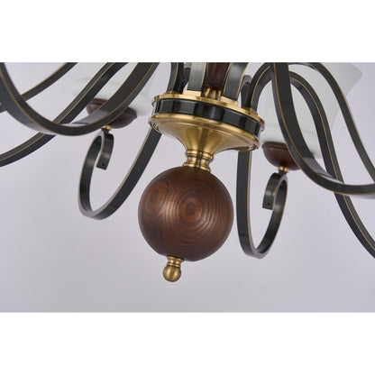 Harrington Flared Opal Glass, Antique Brass and Dark Ash Wood Chandelier