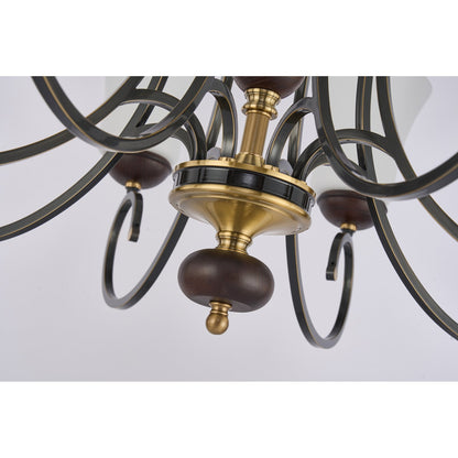 Haverford Opal Glass, Blackened Brass and Dark Ash Wood Chandelier
