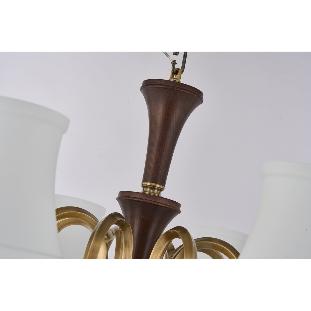
Kingswell Opal Glass, Antique Brass and Dark Ash Wood Chandelier
