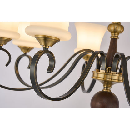 Rosethorne Opal Glass, Blackened Brass and Dark Ash Wood Chandelier