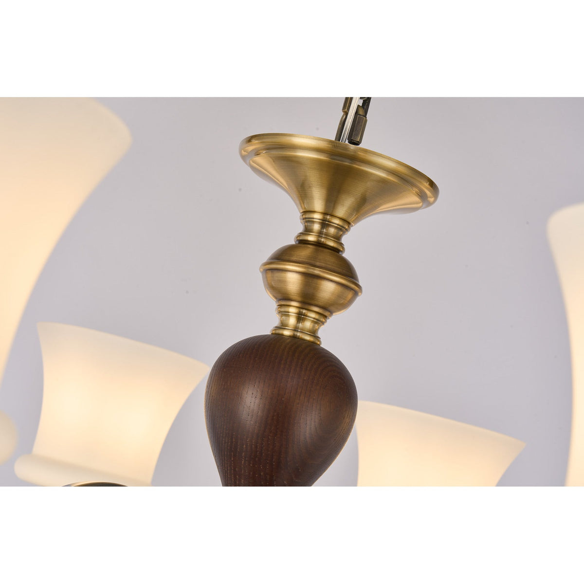 
Harrington Flared Opal Glass, Antique Brass and Dark Ash Wood Chandelier