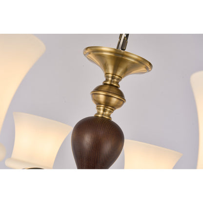 Harrington Flared Opal Glass, Antique Brass and Dark Ash Wood Chandelier