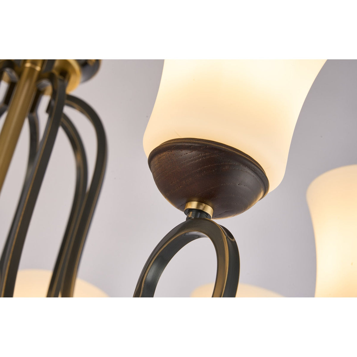 
Haverford Opal Glass, Blackened Brass and Dark Ash Wood Chandelier