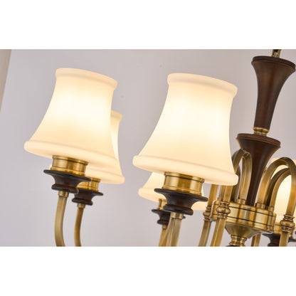 Kingswell Opal Glass, Antique Brass and Dark Ash Wood Chandelier