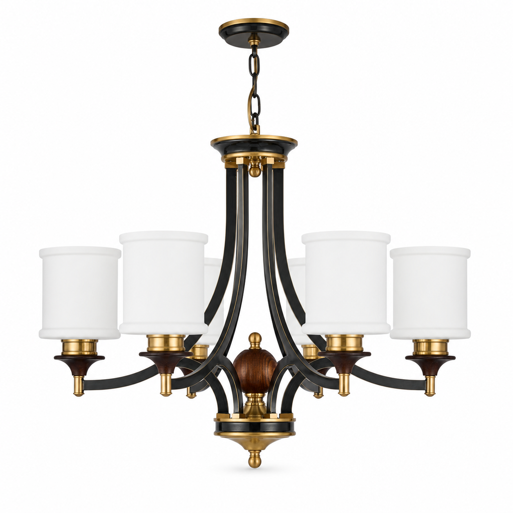 
Montclair Opal Glass, Blackened Brass and Dark Ash Wood Chandelier