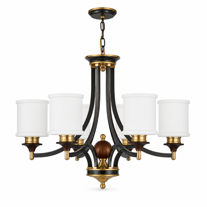 Montclair Opal Glass, Blackened Brass and Dark Ash Wood Chandelier
