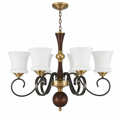 Rosethorne Opal Glass, Blackened Brass and Dark Ash Wood Chandelier