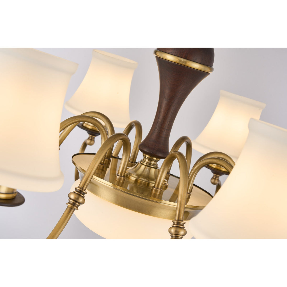 
Glenhaven Opal Bowl, Antique Brass and Dark Ash Wood Chandelier