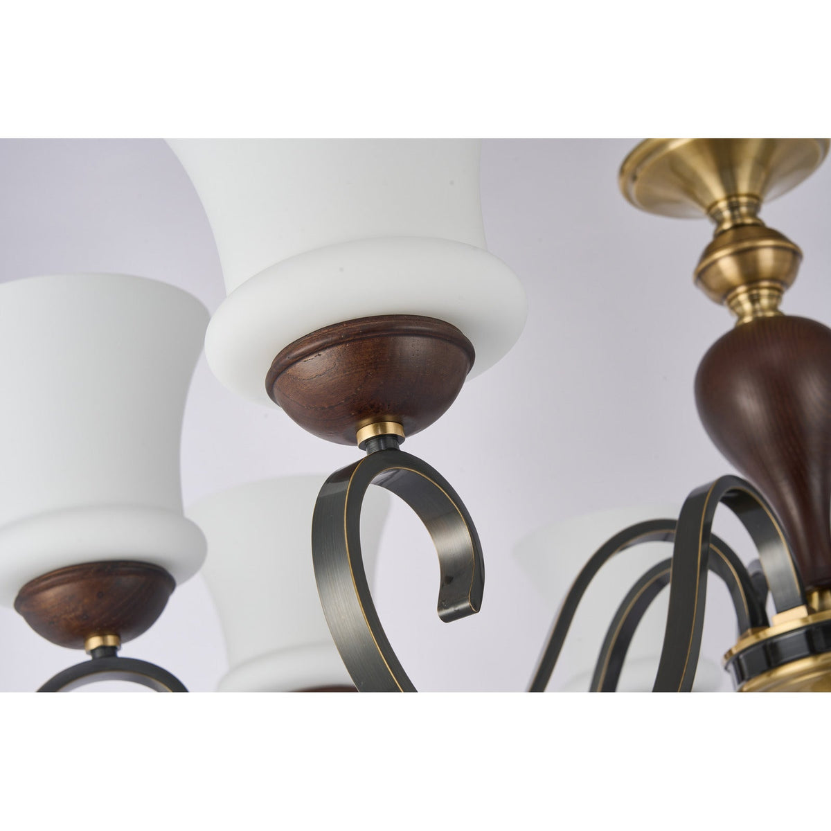 
Harrington Flared Opal Glass, Antique Brass and Dark Ash Wood Chandelier