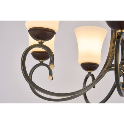 Haverford Opal Glass, Blackened Brass and Dark Ash Wood Chandelier