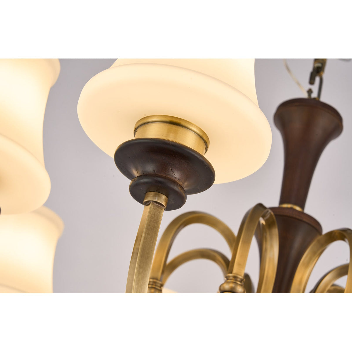 
Kingswell Opal Glass, Antique Brass and Dark Ash Wood Chandelier