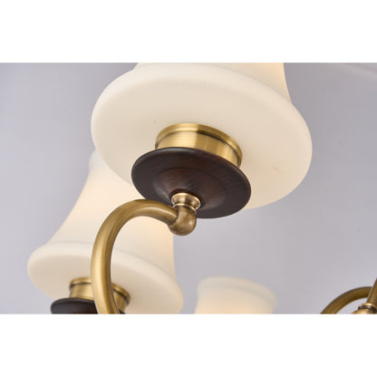 Glenhaven Opal Bowl, Antique Brass and Dark Ash Wood Chandelier