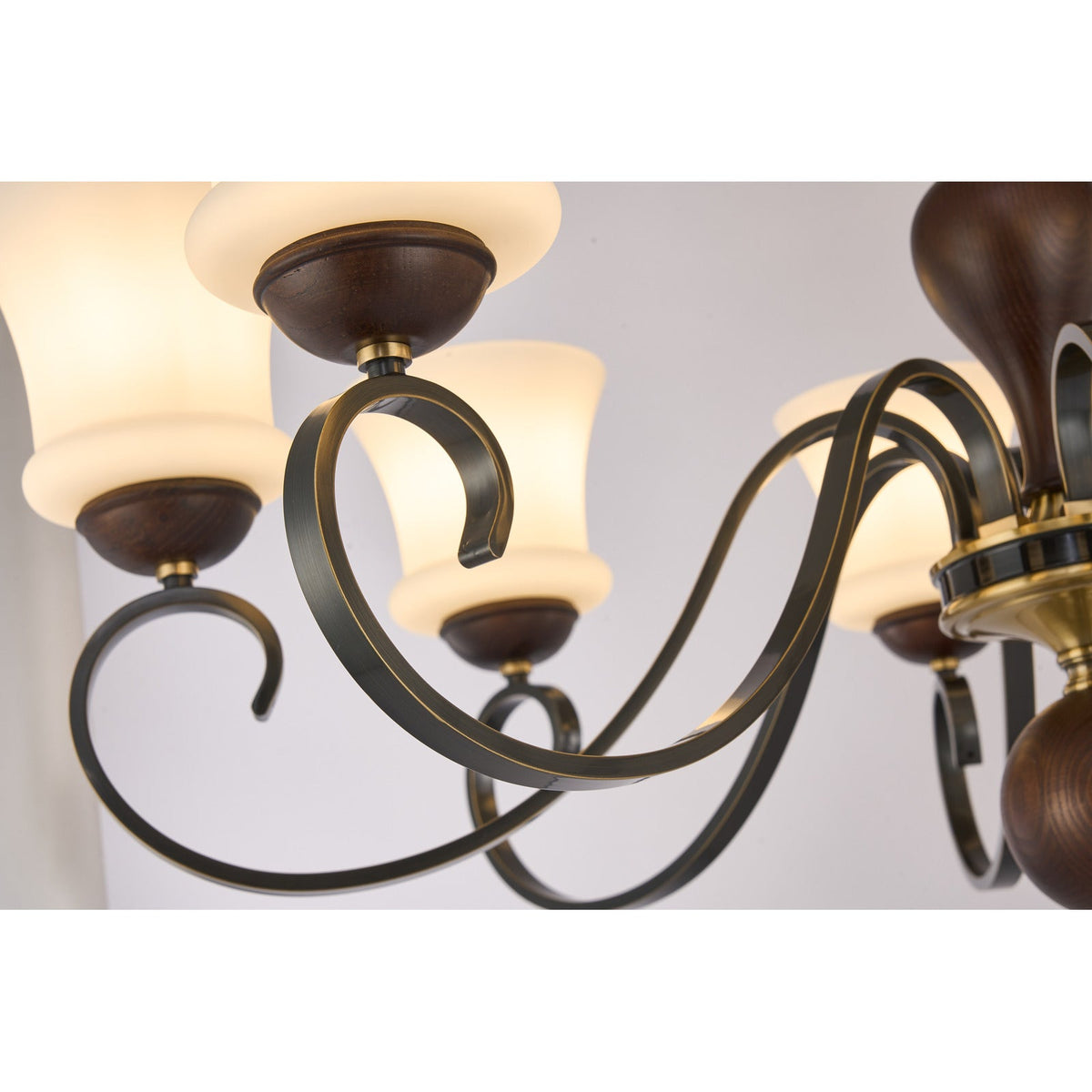 
Harrington Flared Opal Glass, Antique Brass and Dark Ash Wood Chandelier