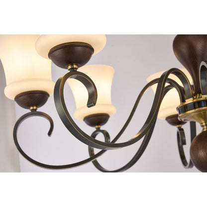 Harrington Flared Opal Glass, Antique Brass and Dark Ash Wood Chandelier