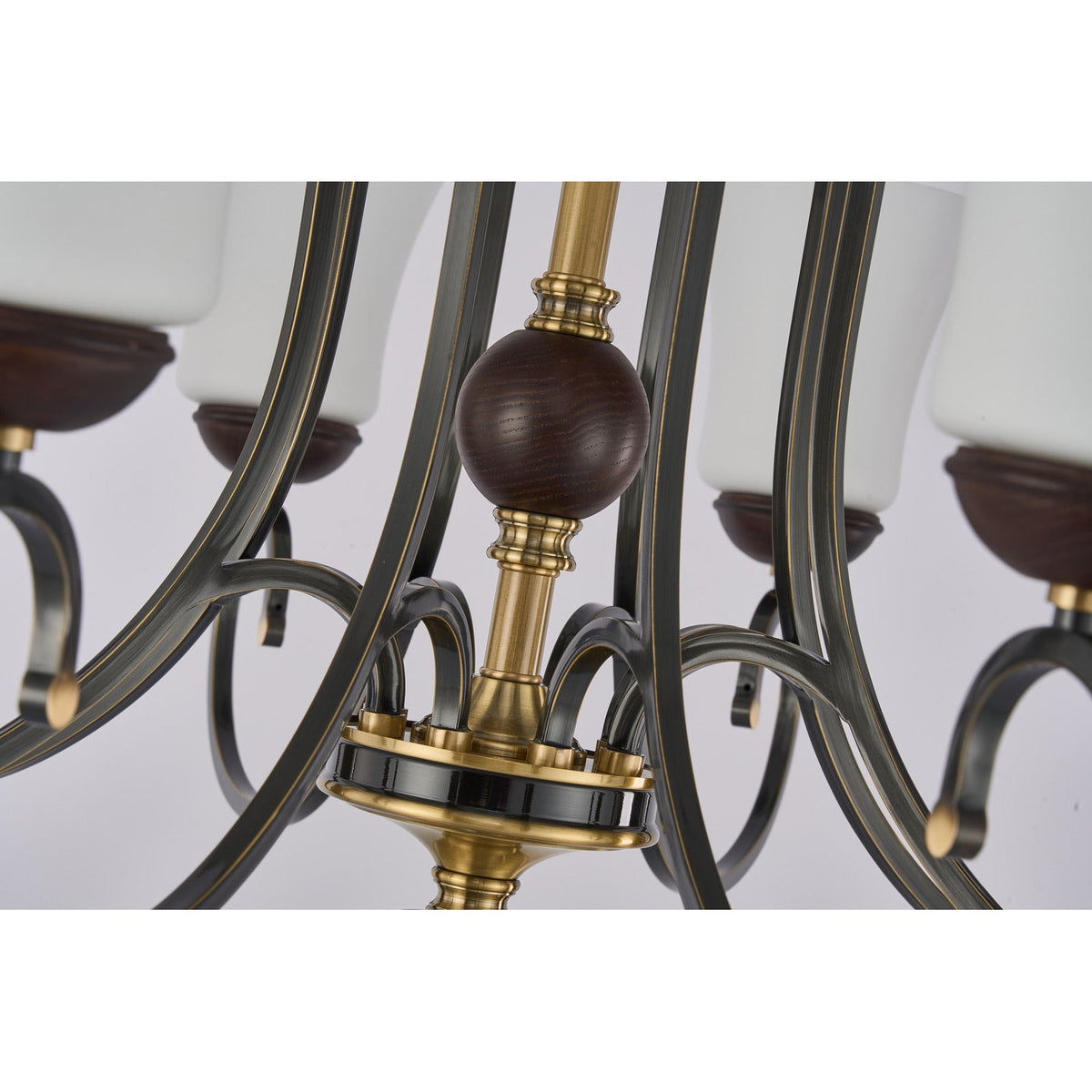 
Haverford Opal Glass, Blackened Brass and Dark Ash Wood Chandelier