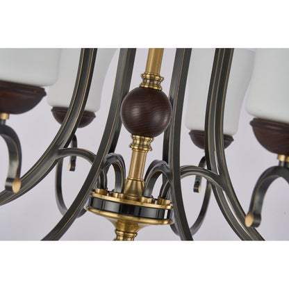 Haverford Opal Glass, Blackened Brass and Dark Ash Wood Chandelier
