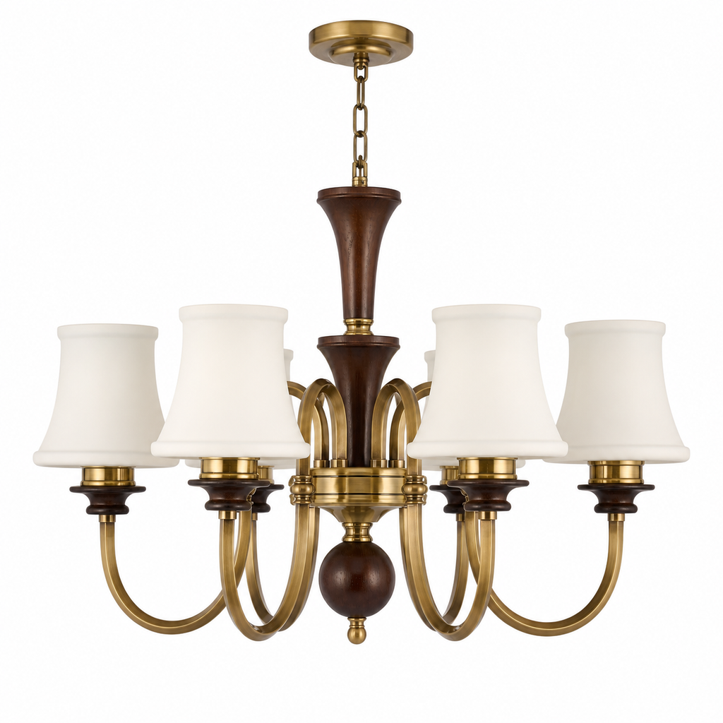 
Kingswell Opal Glass, Antique Brass and Dark Ash Wood Chandelier