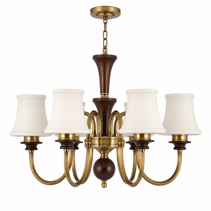 Kingswell Opal Glass, Antique Brass and Dark Ash Wood Chandelier