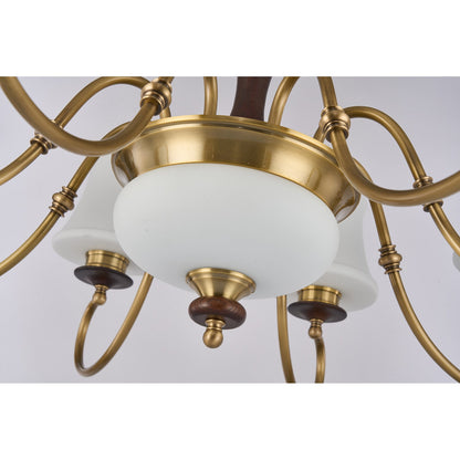 Glenhaven Opal Bowl, Antique Brass and Dark Ash Wood Chandelier