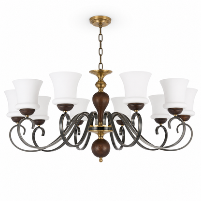 Harrington Flared Opal Glass, Antique Brass and Dark Ash Wood Chandelier
