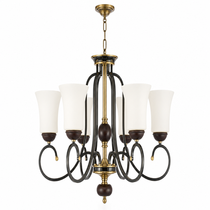 Haverford Opal Glass, Blackened Brass and Dark Ash Wood Chandelier