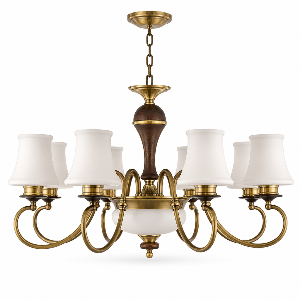 
Glenhaven Opal Bowl, Antique Brass and Dark Ash Wood Chandelier