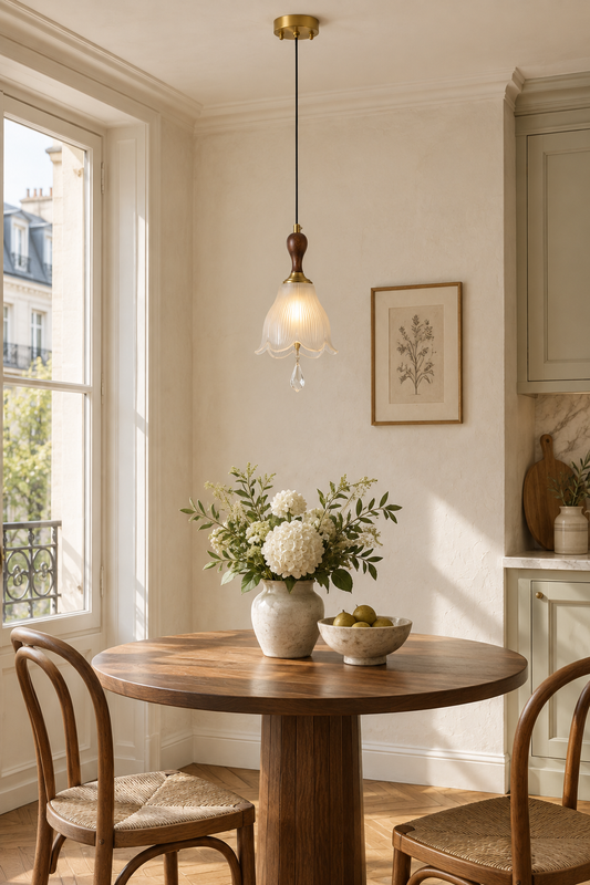 
Bellarune Ribbed Bell Glass and Walnut Pendant Light