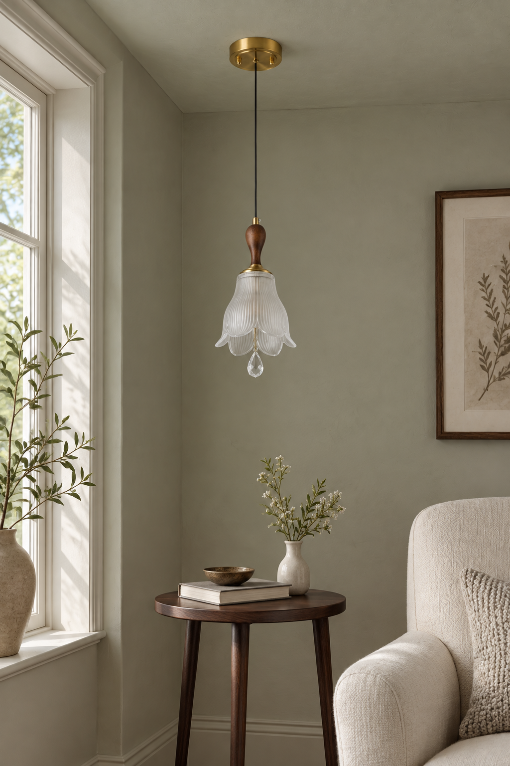 
Bellarune Ribbed Bell Glass and Walnut Pendant Light