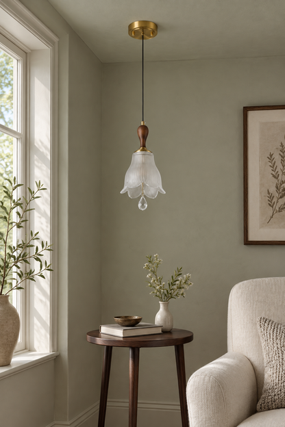 Bellarune Ribbed Bell Glass and Walnut Pendant Light