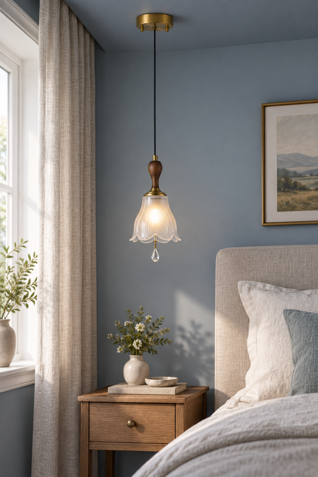
Bellarune Ribbed Bell Glass and Walnut Pendant Light
