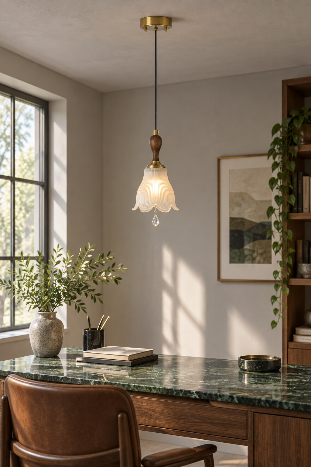 
Bellarune Ribbed Bell Glass and Walnut Pendant Light