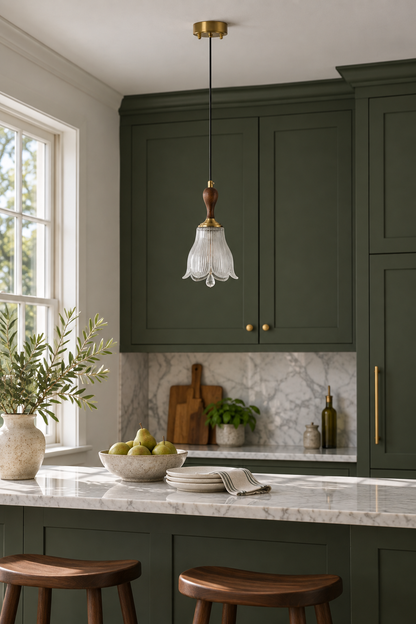 Bellarune Ribbed Bell Glass and Walnut Pendant Light