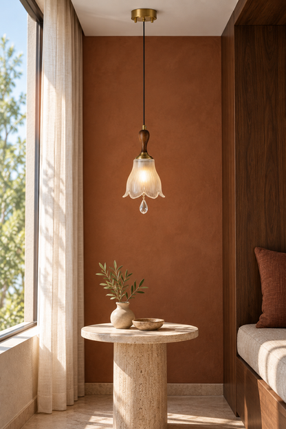 Bellarune Ribbed Bell Glass and Walnut Pendant Light