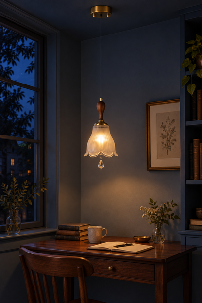 Bellarune Ribbed Bell Glass and Walnut Pendant Light
