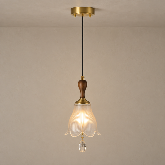 
Bellarune Ribbed Bell Glass and Walnut Pendant Light